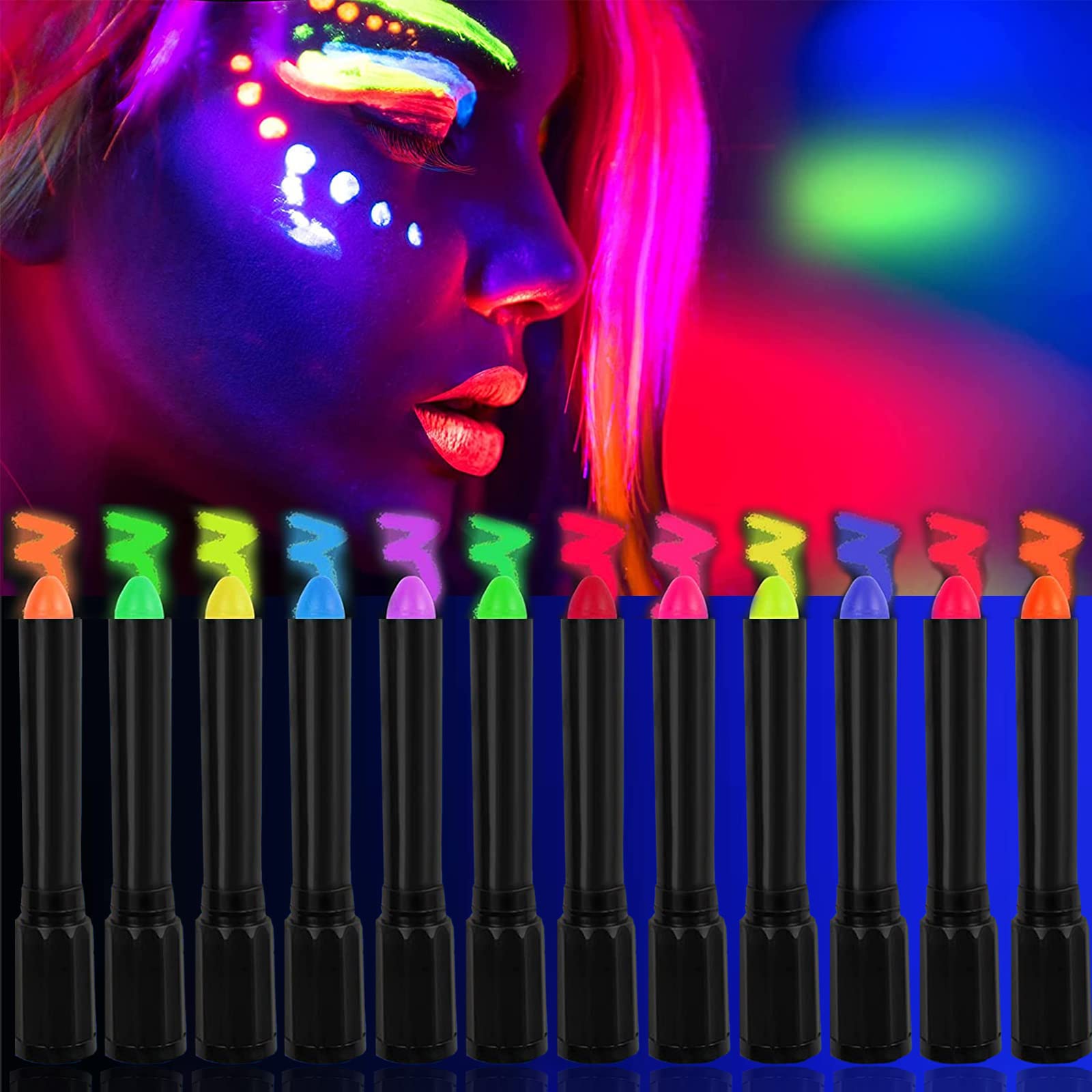 12 Color Glow in The Black Light Body Face Paint for Kids Adult, UV Black Light Glow Crayons Neon Fluorescent Face Painting Makeup Kit for Birthday Party Halloween Masquerade Glow Party Makeup