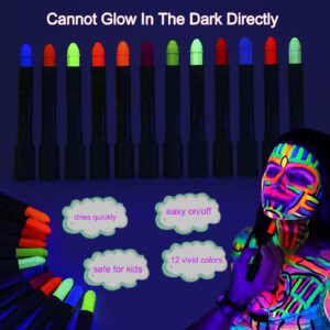 12 Color Glow in The Black Light Body Face Paint for Kids Adult, UV Black Light Glow Crayons Neon Fluorescent Face Painting Makeup Kit for Birthday Party Halloween Masquerade Glow Party Makeup