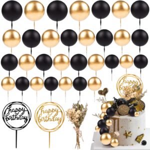 33 pcs mini ball cake topper cupcake insert acrylic cake topper artificial dried flowers cake decorations for anniversary graduation birthday party baby shower (black, gold)