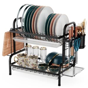 ispecle dish drying rack - 2-tier dish rack with utensil holder, cutting board holder and dish drainer, metal, for kitchen counter, black