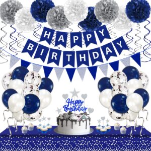 navy blue silver birthday decorations for men, blue birthday party supplies with tablecloth happy birthday banner confetti balloons paper pom poms hanging swirls cake toppers