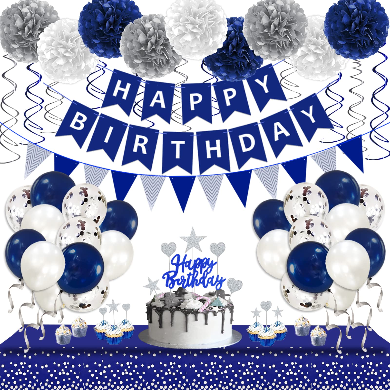 Navy Blue Silver Birthday Decorations for Men, Blue Birthday Party Supplies with Tablecloth Happy Birthday Banner Confetti Balloons Paper Pom Poms Hanging Swirls Cake Toppers