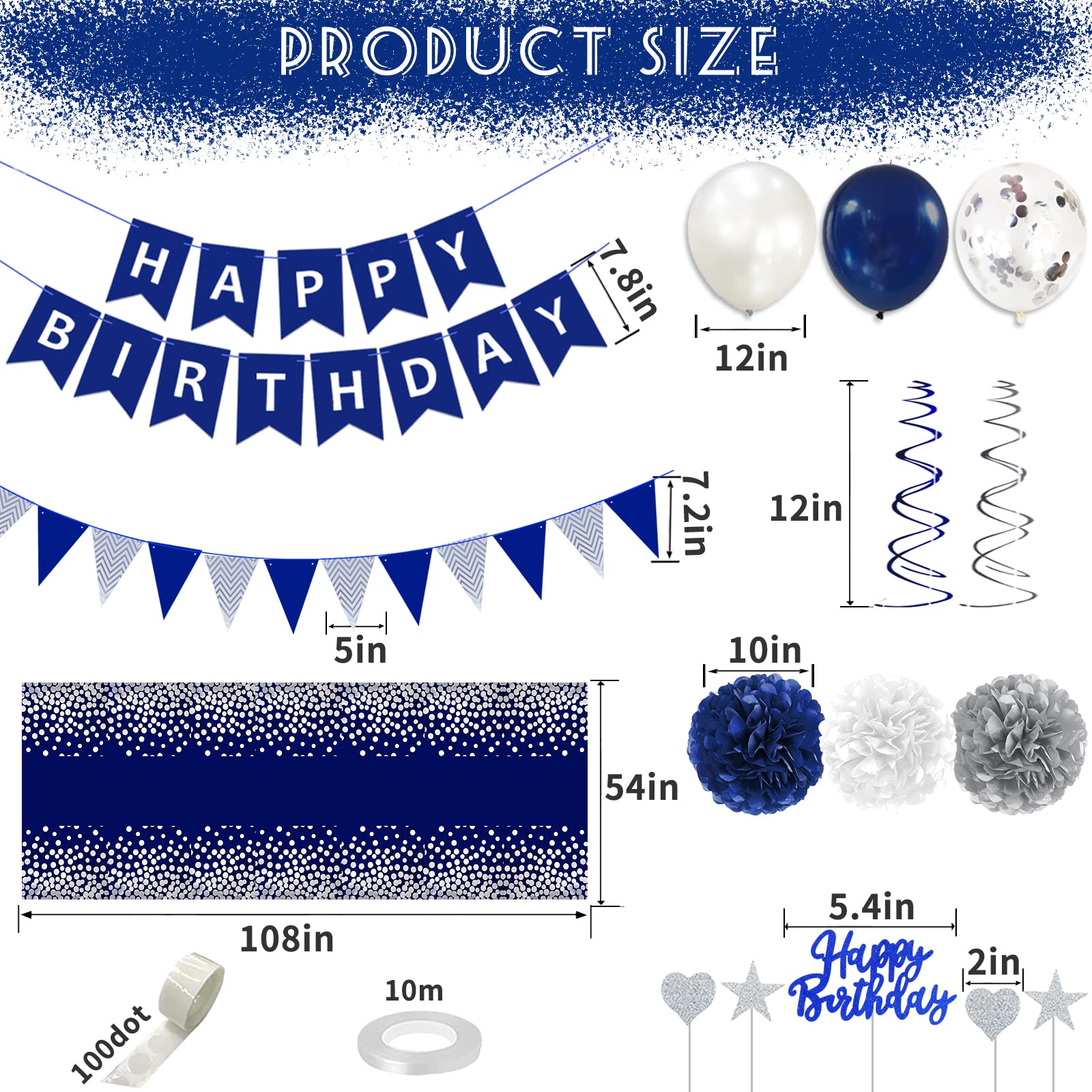 Navy Blue Silver Birthday Decorations for Men, Blue Birthday Party Supplies with Tablecloth Happy Birthday Banner Confetti Balloons Paper Pom Poms Hanging Swirls Cake Toppers