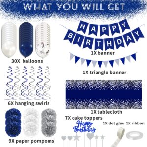 Navy Blue Silver Birthday Decorations for Men, Blue Birthday Party Supplies with Tablecloth Happy Birthday Banner Confetti Balloons Paper Pom Poms Hanging Swirls Cake Toppers