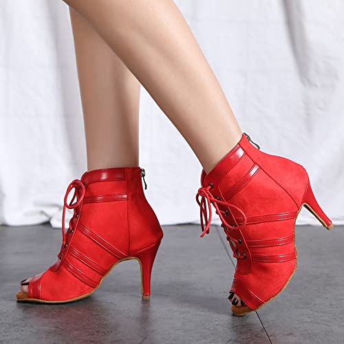 HROYL Women Peep Toe Dance Boots with Lace-up Latin Salsa Ballrooom Performence Practice Dance Shoes Rubber Sole,L541-Red-6.5,US 9