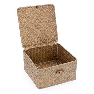 hipiwe wicker shelf baskets bin with lid handwoven seagrass storage basket container square multipurpose household basket boxes for shelves and home organizer, coffee small