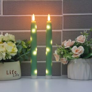 HVTDECOR Flameless Flickering Taper Candles Battery Operated with Embedded String Lights, wtih Timer and Remote, LED Real Wax Tapered Dinner Candle Set of 2 (Green)