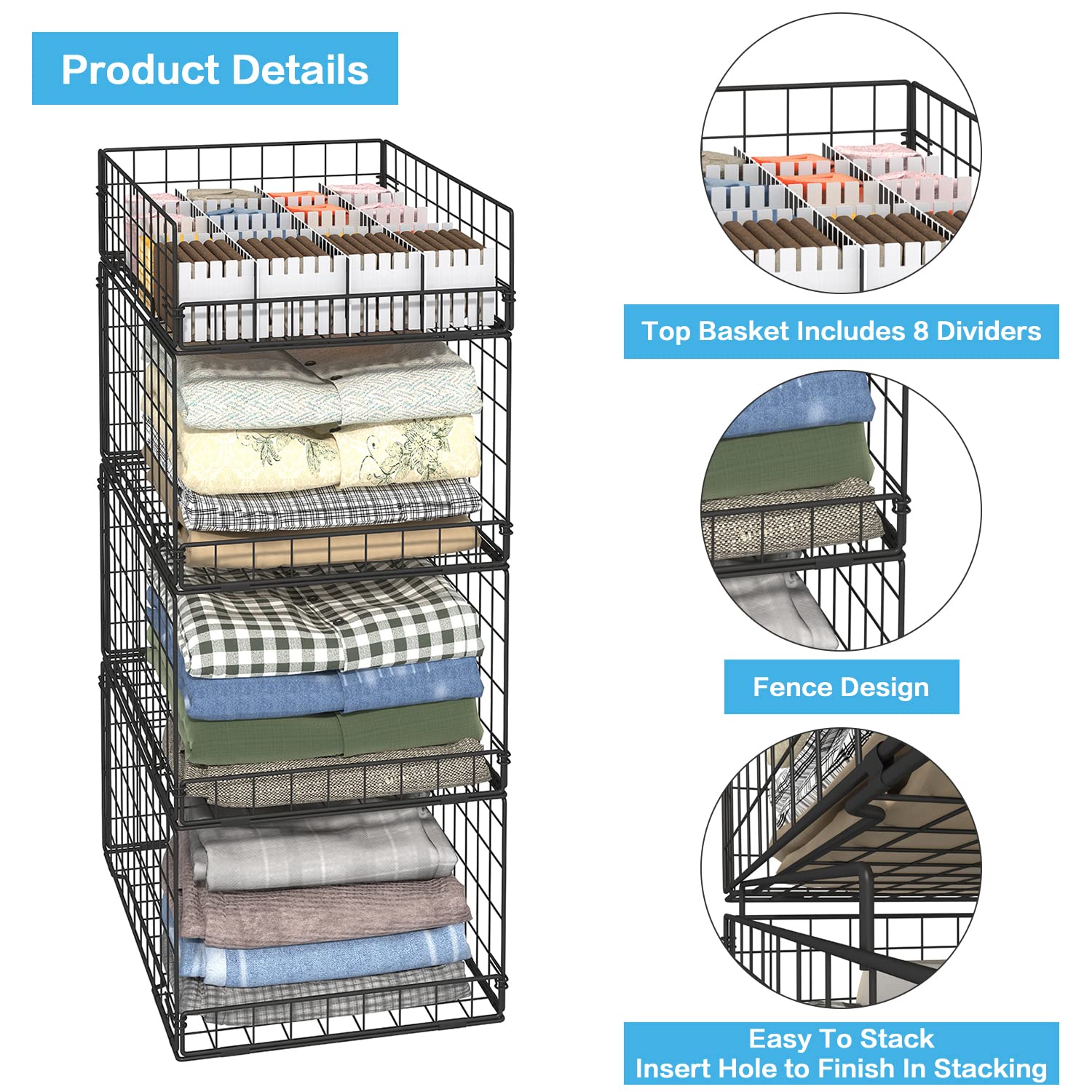 4 Tier Closet Organizers and Storage Shelves for Clothes,4 Pack Stackable Storage Bins Metal Wire Organizer Baskets Containers Drawers with Dividers for Truck Camper RV Closet/Pantries/Wardrobe