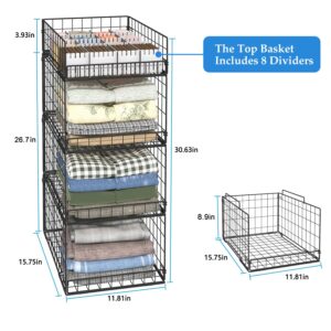 4 Tier Closet Organizers and Storage Shelves for Clothes,4 Pack Stackable Storage Bins Metal Wire Organizer Baskets Containers Drawers with Dividers for Truck Camper RV Closet/Pantries/Wardrobe