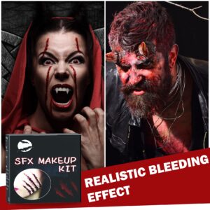 Halloween SFX Makeup Kit,Scars Wax,Fake Blood Gel,Fake Blood Spray,Spatula, Stipple Sponge,Scar Water,Create Fake Wound Special Effects Makeup Kit,Make Specail Effects For Halloween Festival & Party