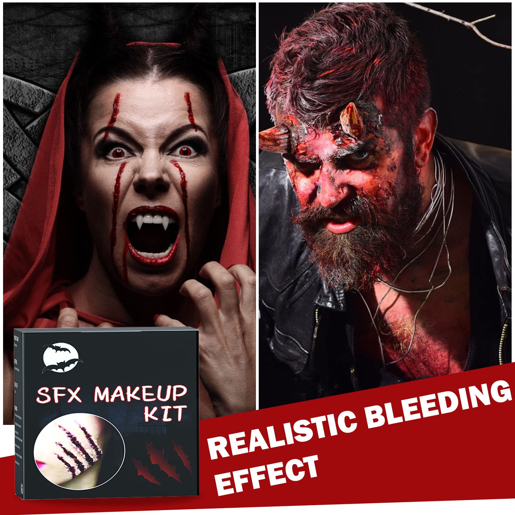 Halloween SFX Makeup Kit,Scars Wax,Fake Blood Gel,Fake Blood Spray,Spatula, Stipple Sponge,Scar Water,Create Fake Wound Special Effects Makeup Kit,Make Specail Effects For Halloween Festival & Party