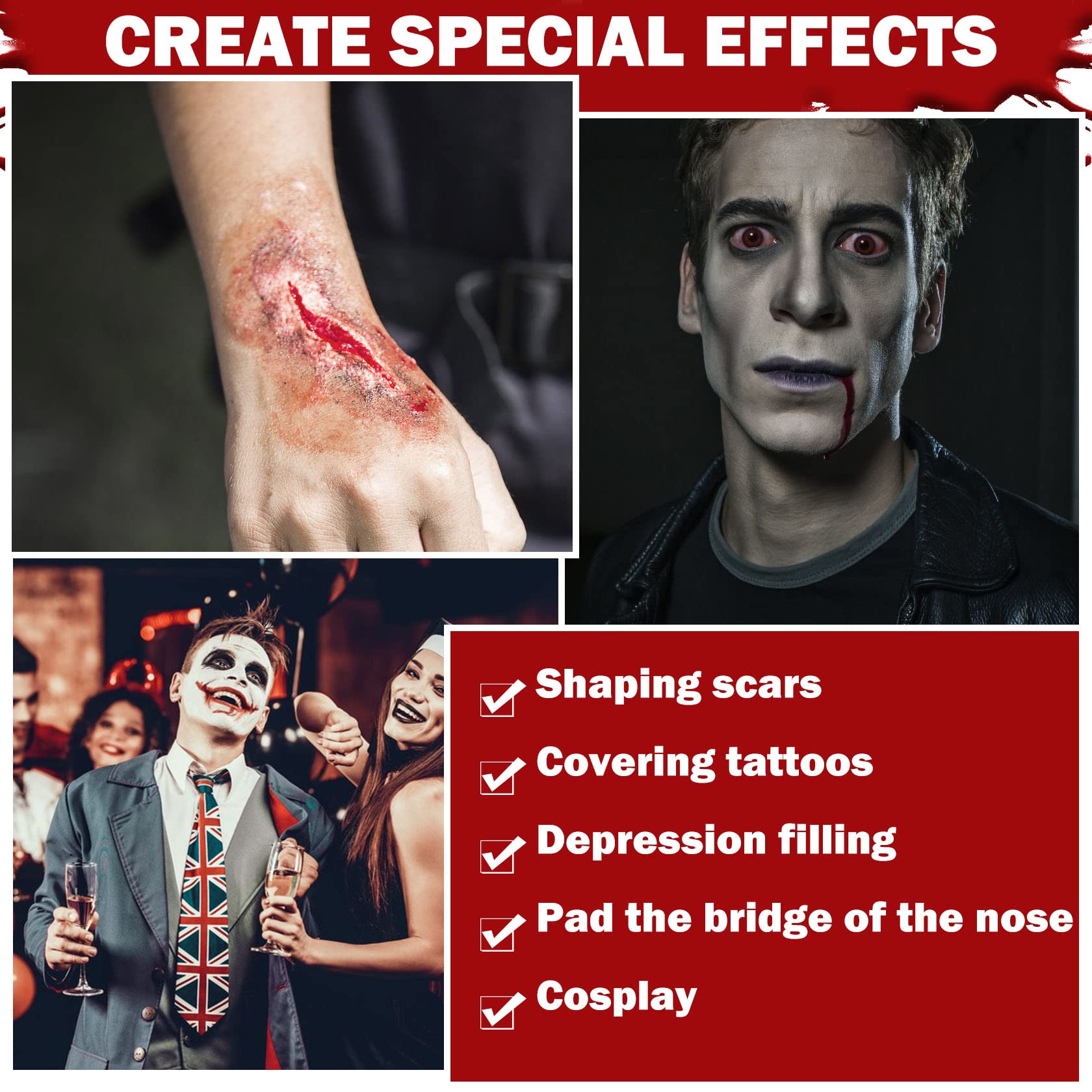 Halloween SFX Makeup Kit,Scars Wax,Fake Blood Gel,Fake Blood Spray,Spatula, Stipple Sponge,Scar Water,Create Fake Wound Special Effects Makeup Kit,Make Specail Effects For Halloween Festival & Party