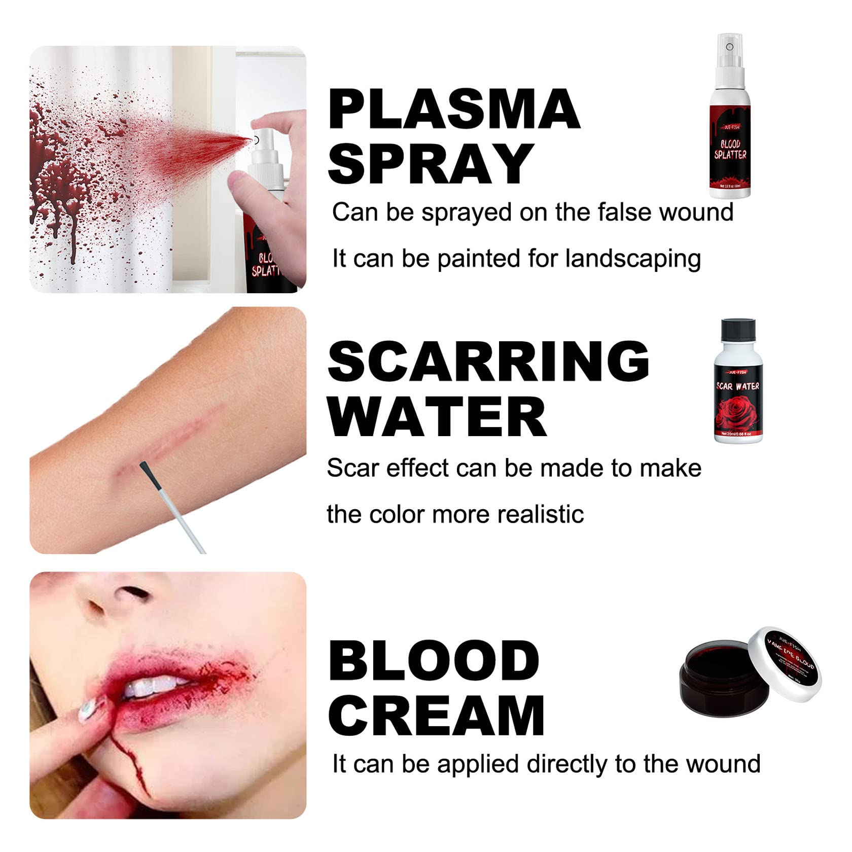 Halloween SFX Makeup Kit,Scars Wax,Fake Blood Gel,Fake Blood Spray,Spatula, Stipple Sponge,Scar Water,Create Fake Wound Special Effects Makeup Kit,Make Specail Effects For Halloween Festival & Party