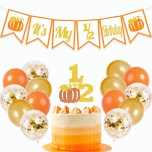 DOMOO OF DREAMS Pumpkin It's My 1/2 Birthday Banner Half Birthday Cake Topper 6 Months Photo Prop Halloween Fall Balloons Party Supplies Gold And Orange