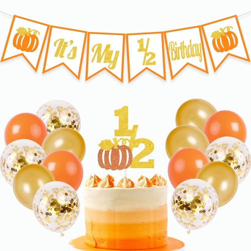 DOMOO OF DREAMS Pumpkin It's My 1/2 Birthday Banner Half Birthday Cake Topper 6 Months Photo Prop Halloween Fall Balloons Party Supplies Gold And Orange