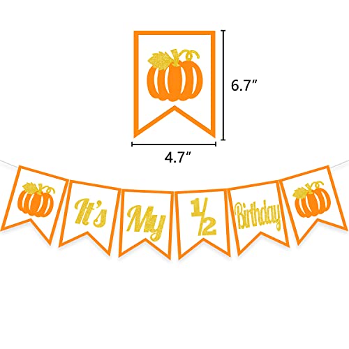 DOMOO OF DREAMS Pumpkin It's My 1/2 Birthday Banner Half Birthday Cake Topper 6 Months Photo Prop Halloween Fall Balloons Party Supplies Gold And Orange