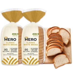 hero classic white bread — delicious bread with 0g net carb, 0g sugar, 45 calories, 11g fiber per slice | tastes like regular bread | low carb & keto friendly bread loaf —15 slices/loaf, 2 loaves
