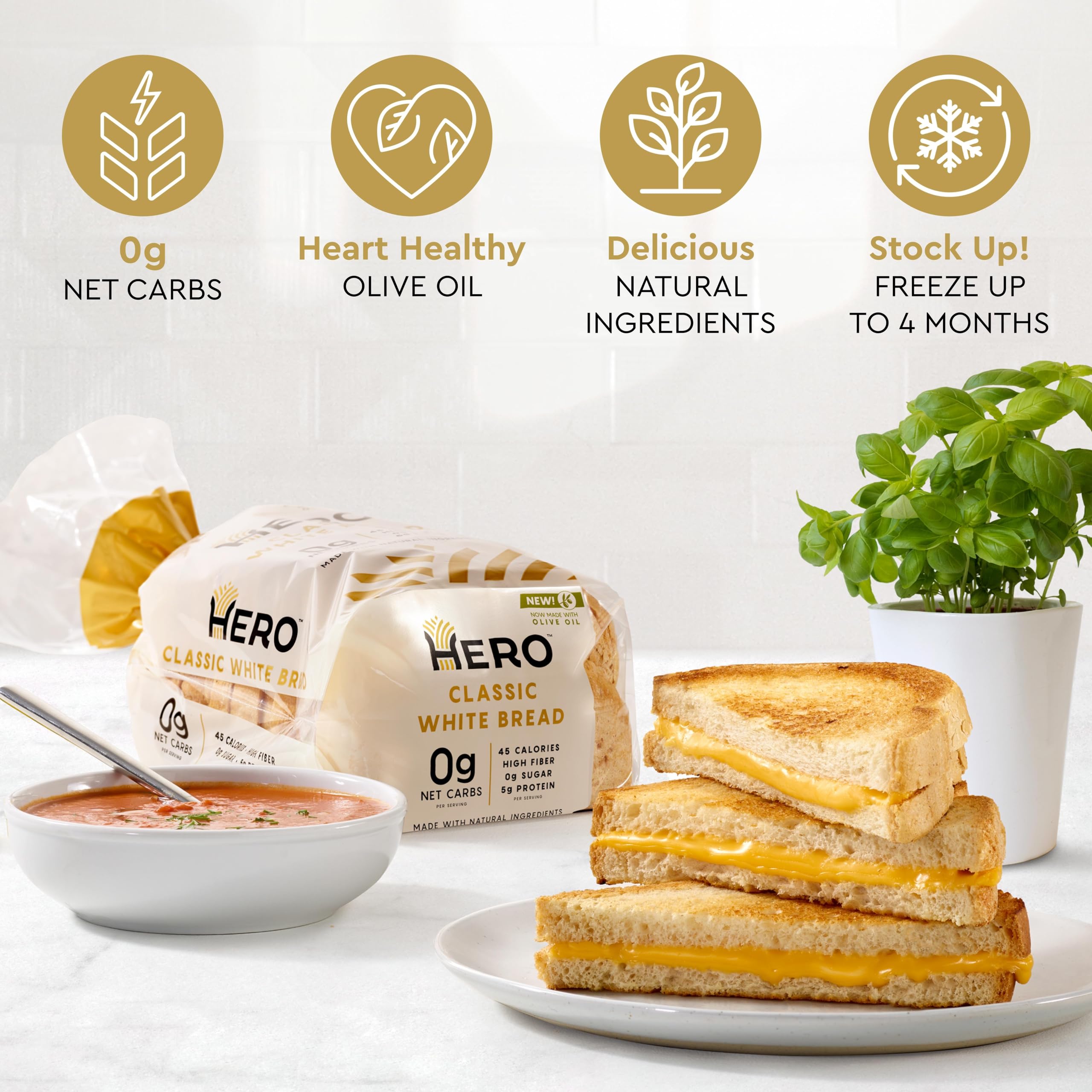 Hero Classic White Bread — Delicious Bread with 0g Net Carb, 0g Sugar, 45 Calories, 11g Fiber per Slice | Tastes Like Regular Bread | Low Carb & Keto Friendly Bread Loaf —15 Slices/Loaf, 2 Loaves