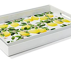 American Atelier Set of 2 Lemons and Blossoms Rectangular Serving Tray with Handles- Indoor & Outdoor Platter for Home Entertaining, Cocktail Hour, Snacks, Barware, Perfume (Large 19x14, Small 18x12)