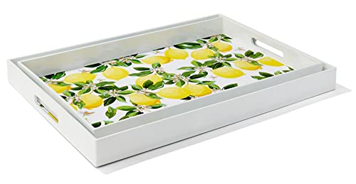 American Atelier Set of 2 Lemons and Blossoms Rectangular Serving Tray with Handles- Indoor & Outdoor Platter for Home Entertaining, Cocktail Hour, Snacks, Barware, Perfume (Large 19x14, Small 18x12)