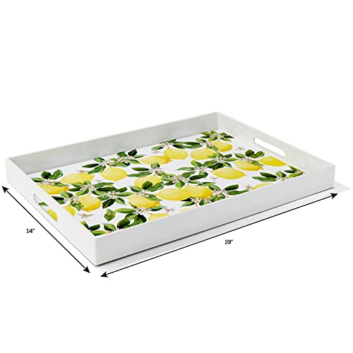 American Atelier Set of 2 Lemons and Blossoms Rectangular Serving Tray with Handles- Indoor & Outdoor Platter for Home Entertaining, Cocktail Hour, Snacks, Barware, Perfume (Large 19x14, Small 18x12)