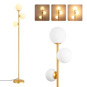 edishine 69in gold modern floor lamp for living room, upgraded dimmable 3 globe mid century standing lamps, built-in led, frosted glass shade, luna tall pole lamp for bedroom, hotel -antique brass