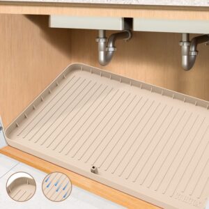 under sink mat, 34" x 22" under sink mats for kitchen waterproof - silicone under sink liner drip tray with drain hole, sink cabinet protector mat for kitchen & bathroom (beige)