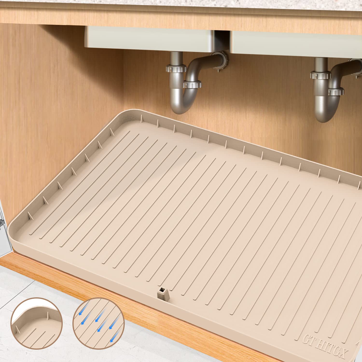 Under Sink Mat, 34" x 22" Under Sink Mats for Kitchen Waterproof - Silicone Under Sink Liner Drip Tray with Drain Hole, Sink Cabinet Protector Mat for Kitchen & Bathroom (Beige)