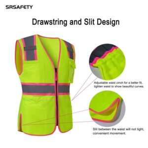 SRsafety Safety Hi-Vis Vest For Women, High Visibility Reflective Breathable Vest For Lady, Durable Zipper ＆ Multi Pockets green S