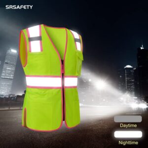 SRsafety Safety Hi-Vis Vest For Women, High Visibility Reflective Breathable Vest For Lady, Durable Zipper ＆ Multi Pockets green S