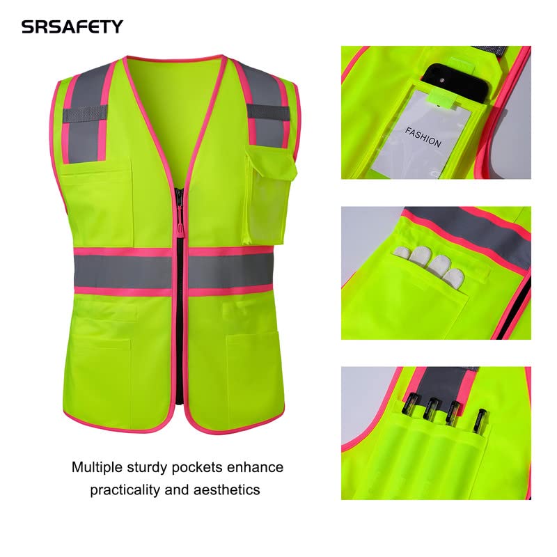 SRsafety Safety Hi-Vis Vest For Women, High Visibility Reflective Breathable Vest For Lady, Durable Zipper ＆ Multi Pockets green S