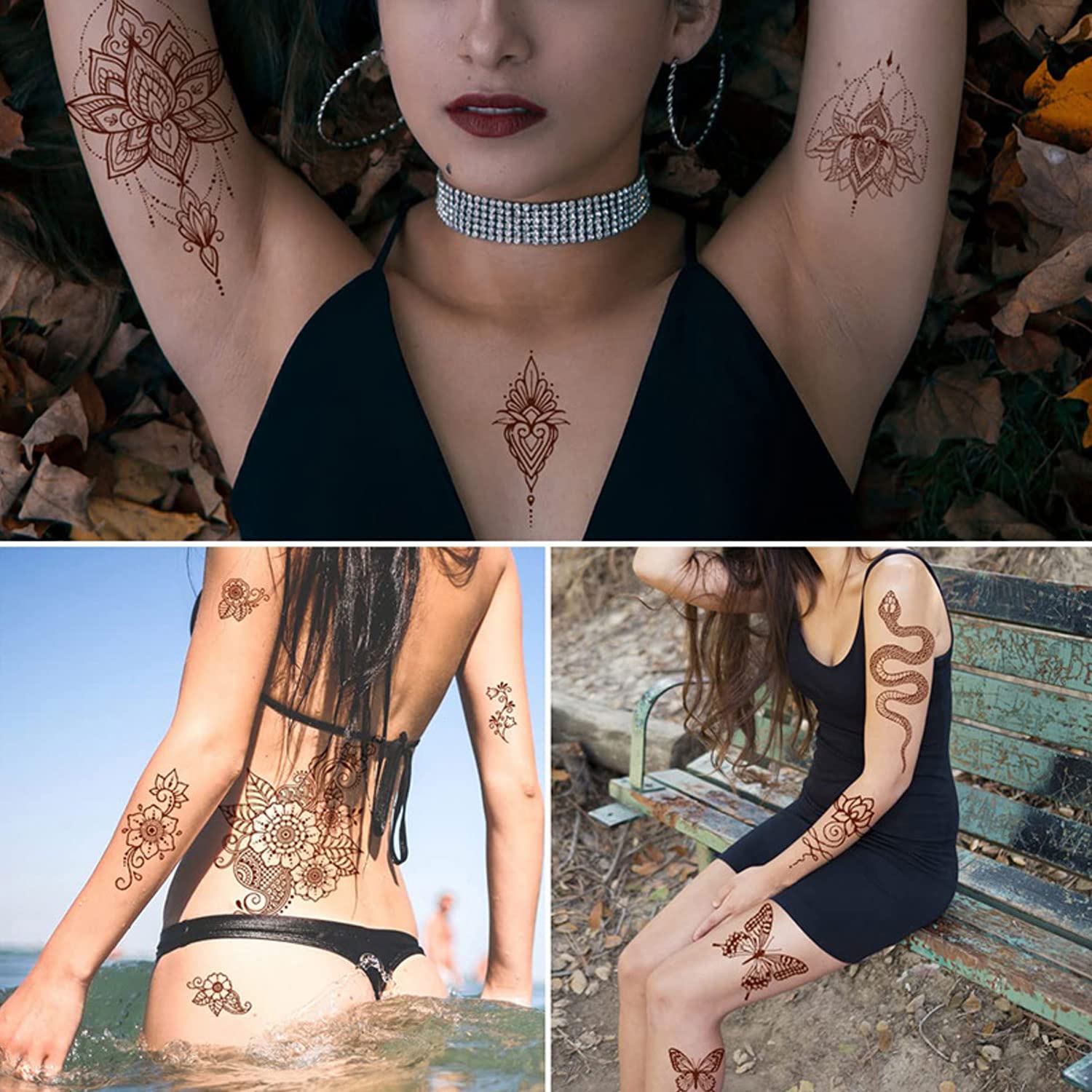 Henna Temporary Tattoo, Flash Bride Wedding Tattoos White Lace Tattoo Waterproof Body Fake Tattoo Henna Tattoo Stickers for Women Festival Clothing Accessories (Brown)