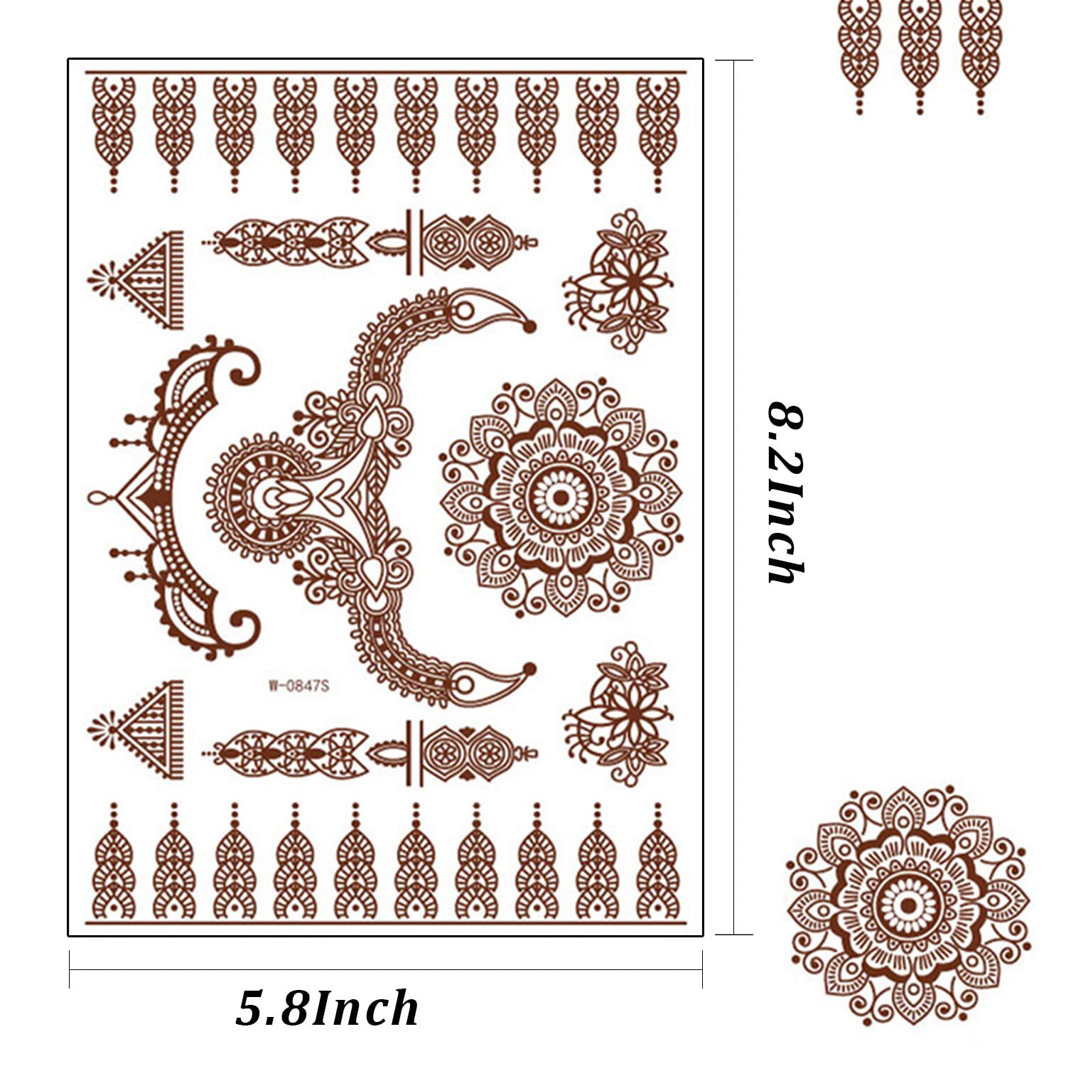 Henna Temporary Tattoo, Flash Bride Wedding Tattoos White Lace Tattoo Waterproof Body Fake Tattoo Henna Tattoo Stickers for Women Festival Clothing Accessories (Brown)