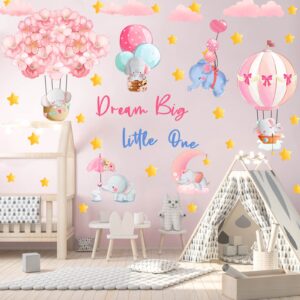 kokolap dream big little one wall stickers,pink elephant wall decals nursery decor,flowers hot air balloon wall sticker baby girl room decor,cloud stars wall decal for kids room bedroom playroom decor