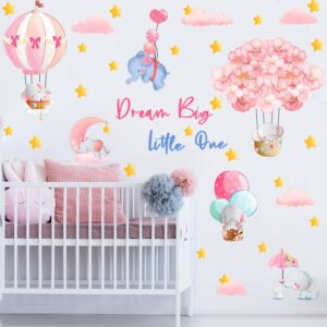 KOKOLAP Dream Big Little One Wall Stickers,Pink Elephant Wall Decals Nursery Decor,Flowers Hot Air Balloon Wall Sticker Baby Girl Room Decor,Cloud Stars Wall Decal for Kids Room Bedroom Playroom Decor