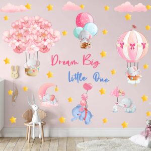 KOKOLAP Dream Big Little One Wall Stickers,Pink Elephant Wall Decals Nursery Decor,Flowers Hot Air Balloon Wall Sticker Baby Girl Room Decor,Cloud Stars Wall Decal for Kids Room Bedroom Playroom Decor