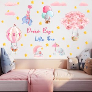 KOKOLAP Dream Big Little One Wall Stickers,Pink Elephant Wall Decals Nursery Decor,Flowers Hot Air Balloon Wall Sticker Baby Girl Room Decor,Cloud Stars Wall Decal for Kids Room Bedroom Playroom Decor