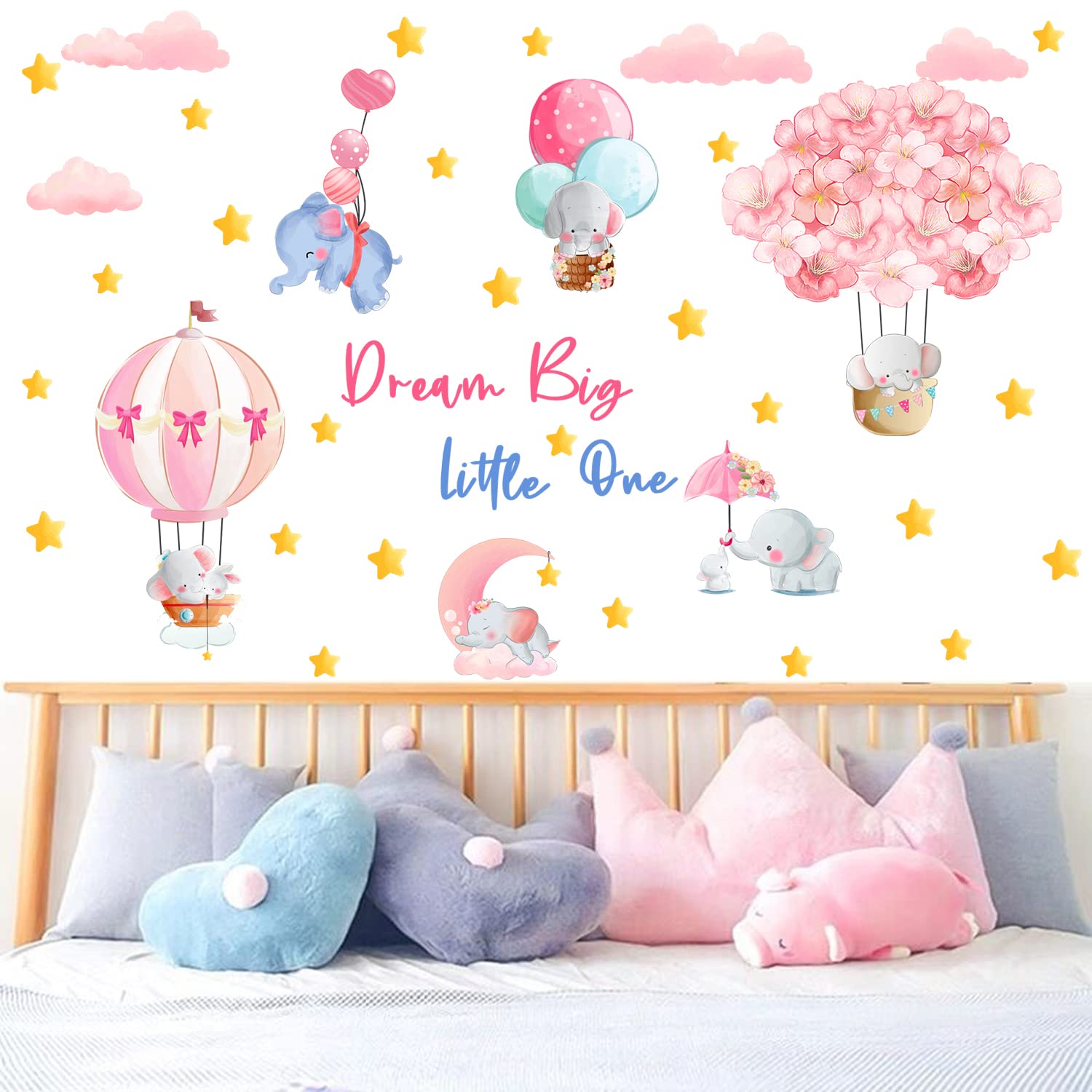 KOKOLAP Dream Big Little One Wall Stickers,Pink Elephant Wall Decals Nursery Decor,Flowers Hot Air Balloon Wall Sticker Baby Girl Room Decor,Cloud Stars Wall Decal for Kids Room Bedroom Playroom Decor