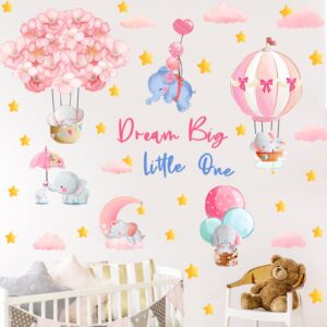 KOKOLAP Dream Big Little One Wall Stickers,Pink Elephant Wall Decals Nursery Decor,Flowers Hot Air Balloon Wall Sticker Baby Girl Room Decor,Cloud Stars Wall Decal for Kids Room Bedroom Playroom Decor