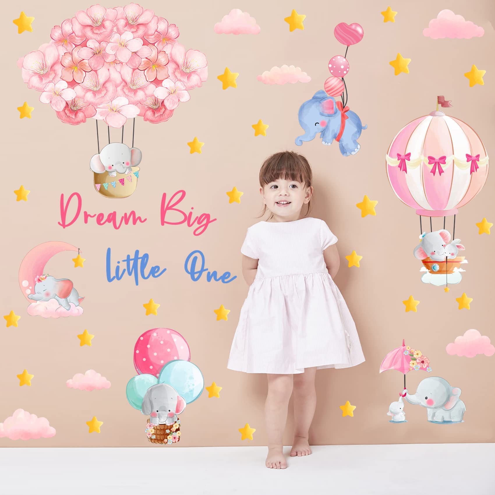 KOKOLAP Dream Big Little One Wall Stickers,Pink Elephant Wall Decals Nursery Decor,Flowers Hot Air Balloon Wall Sticker Baby Girl Room Decor,Cloud Stars Wall Decal for Kids Room Bedroom Playroom Decor