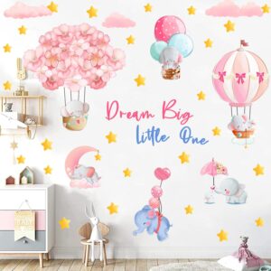 KOKOLAP Dream Big Little One Wall Stickers,Pink Elephant Wall Decals Nursery Decor,Flowers Hot Air Balloon Wall Sticker Baby Girl Room Decor,Cloud Stars Wall Decal for Kids Room Bedroom Playroom Decor