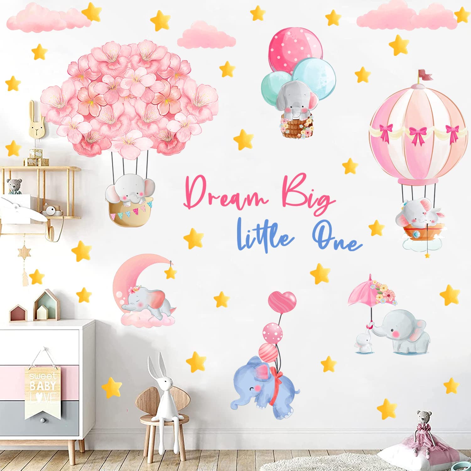 KOKOLAP Dream Big Little One Wall Stickers,Pink Elephant Wall Decals Nursery Decor,Flowers Hot Air Balloon Wall Sticker Baby Girl Room Decor,Cloud Stars Wall Decal for Kids Room Bedroom Playroom Decor