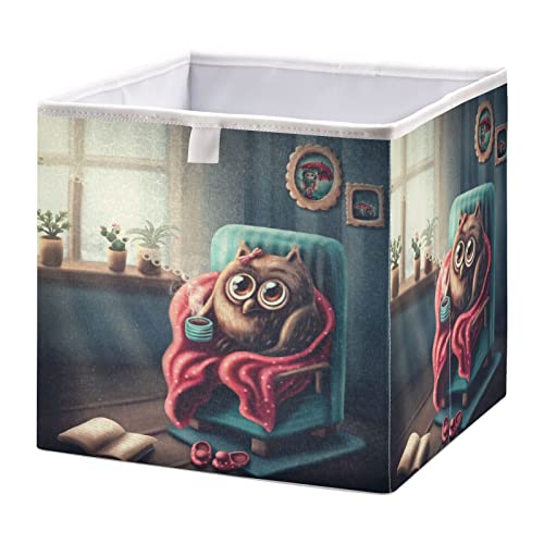 ALAZA Collapsible Storage Cubes Organizer,Owl Sitting in The Chair and Drinking Coffee Storage Containers Closet Shelf Organizer with Handles for Home Office