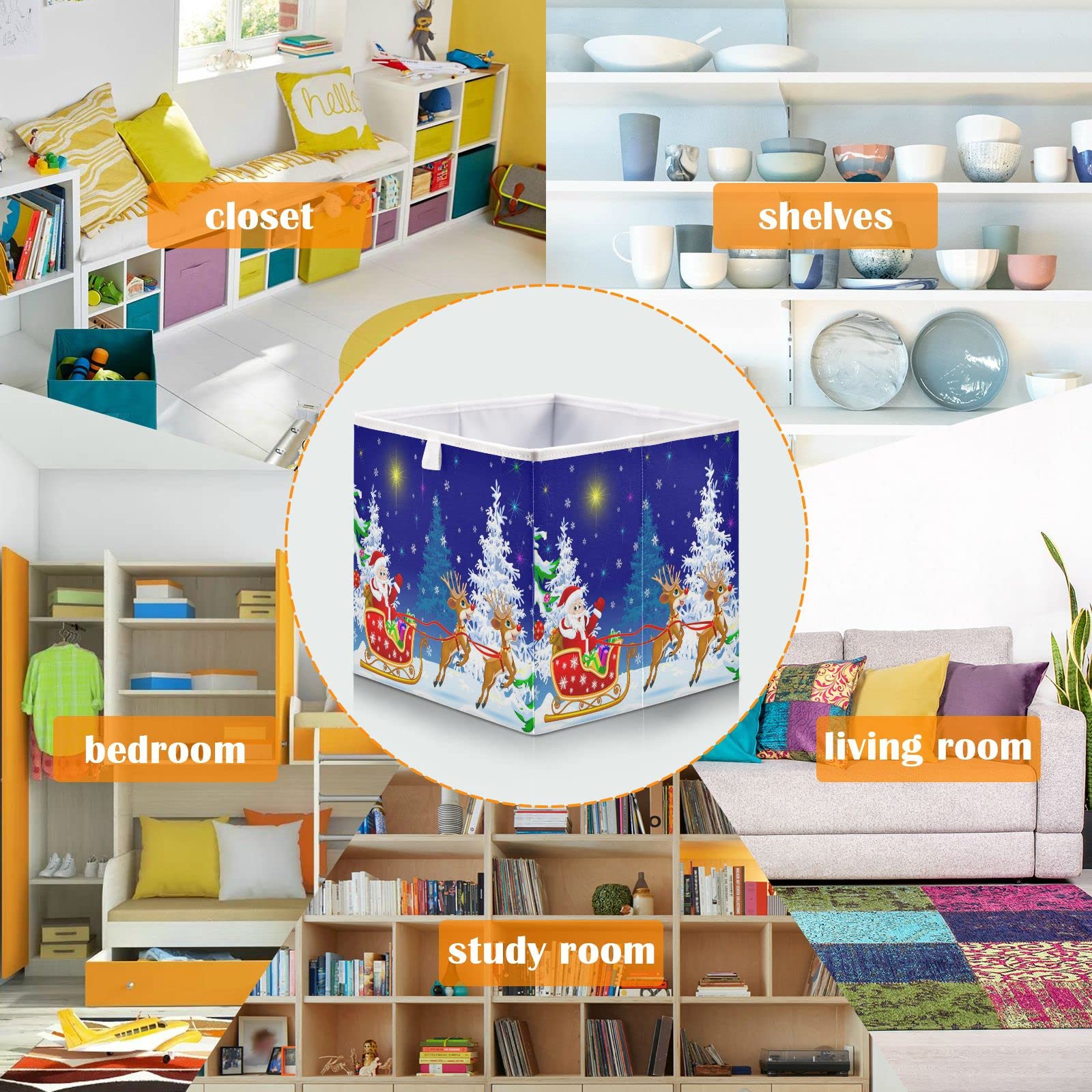 ALAZA Foldable Storage Bins, Christmas Santa Claus Deer Winter Forest Storage Boxes Decorative Basket for Bedroom Nursery Closet Toys Books