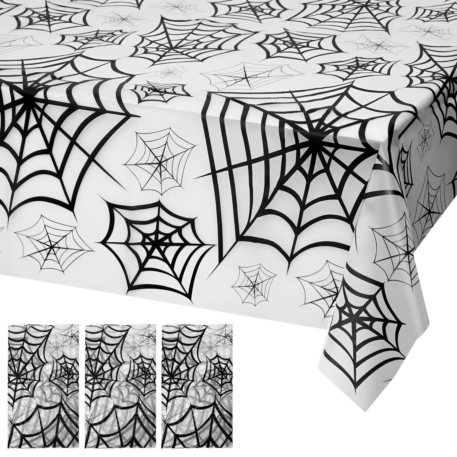 ibohr 3 Pack Halloween Disposable Tablecloth Large Size Spider Web Vinyl Waterproof Rectangle Halloween Plastic Tablecloth for Halloween Table Decoration, Home Party Decor, 54 x 108 inch