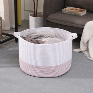 Volhouim XXXLarge Cotton Rope Basket for Organizing Baby Laundry Basket for Blankets Living Room Blanket Basket Cotton Rope Basket with Handle Collapsible Woven Basket Baby Toy Bin， 22"x14" ,Pink