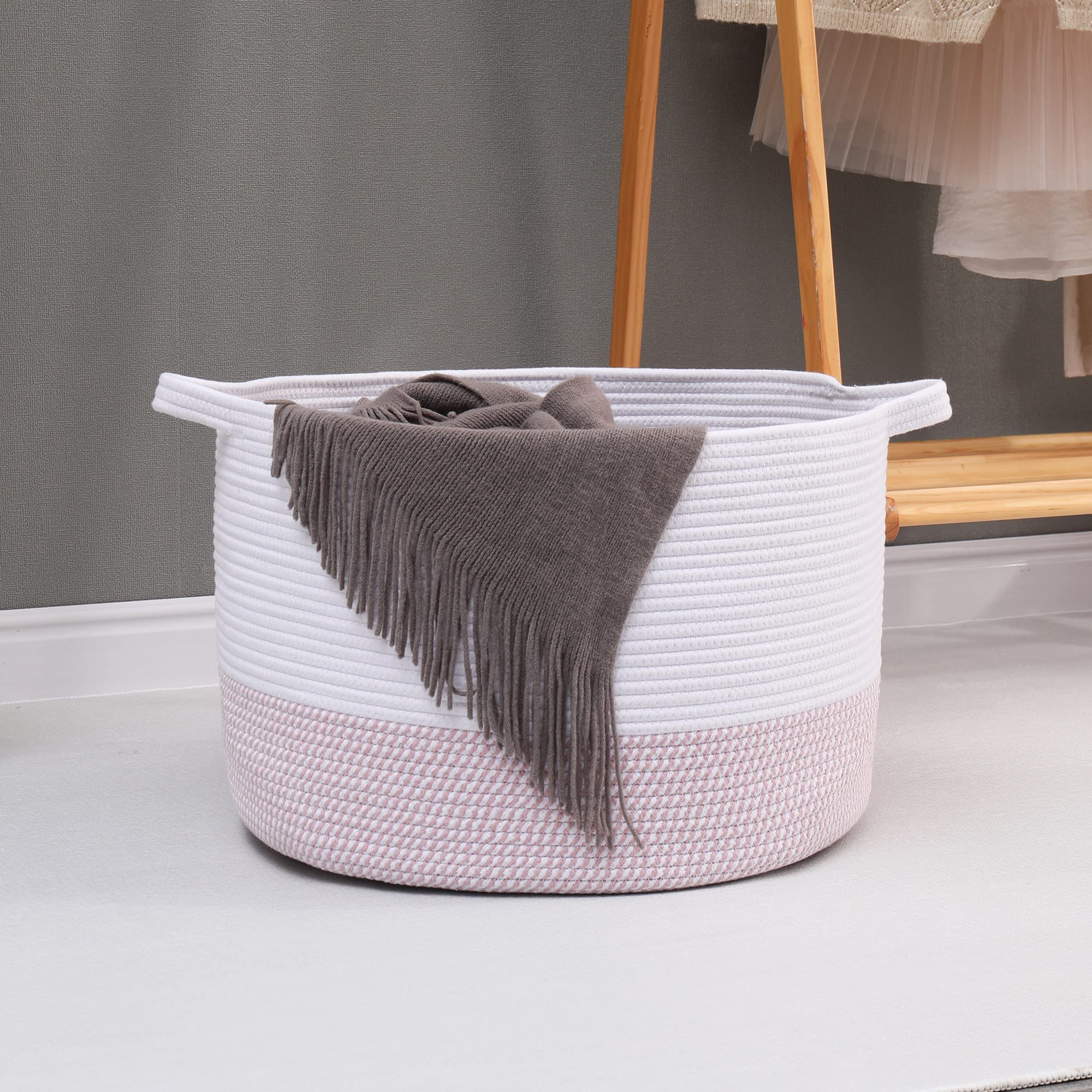 Volhouim XXXLarge Cotton Rope Basket for Organizing Baby Laundry Basket for Blankets Living Room Blanket Basket Cotton Rope Basket with Handle Collapsible Woven Basket Baby Toy Bin， 22"x14" ,Pink