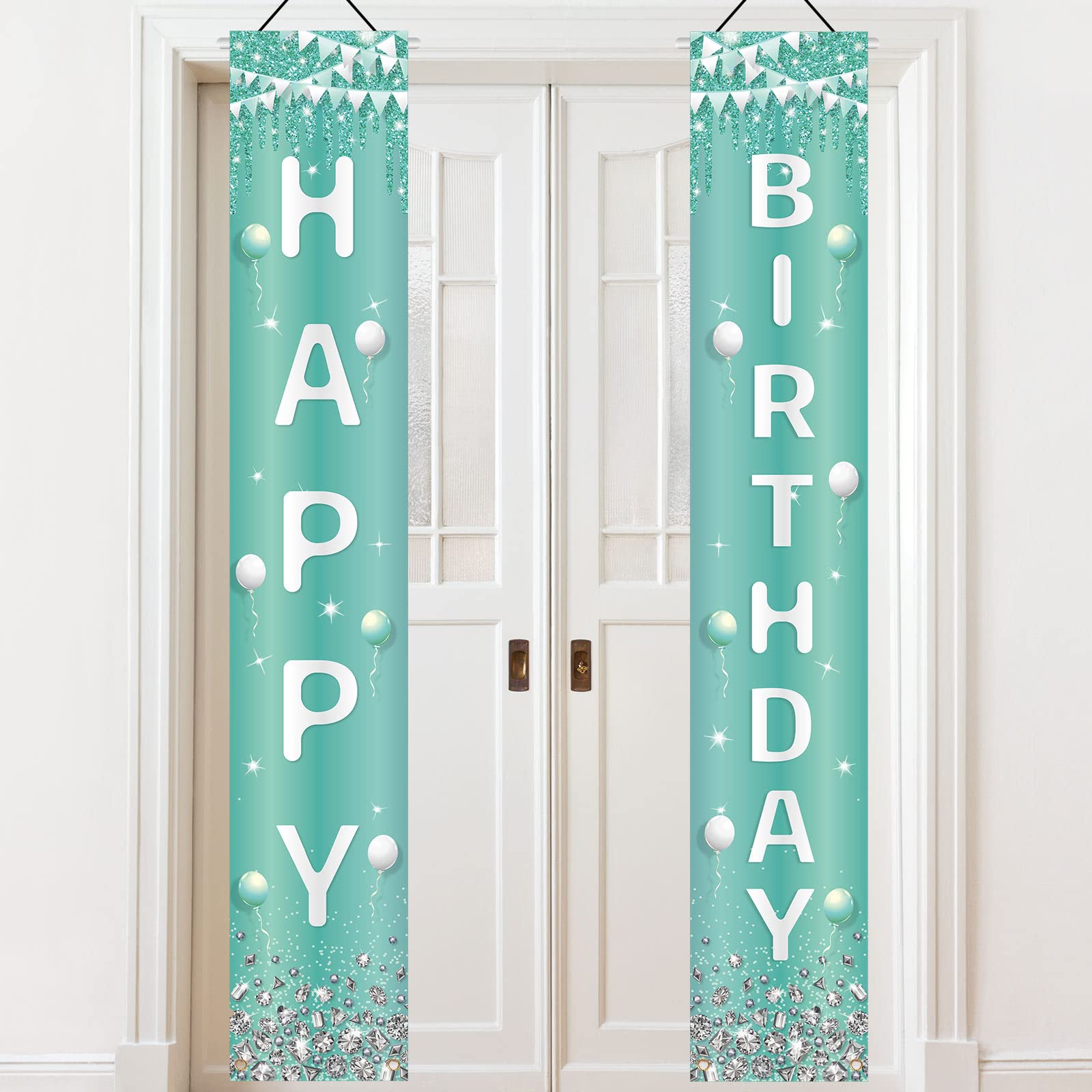 Teal Sliver Happy Birthday Door Banner Turquoise Rhinestone Happy Birthday Decorations Light Blue Sweet 16 Happy 15th 30th 50th Birthday Poster Decorations for Women Girls Boys Birthday Party Supplies