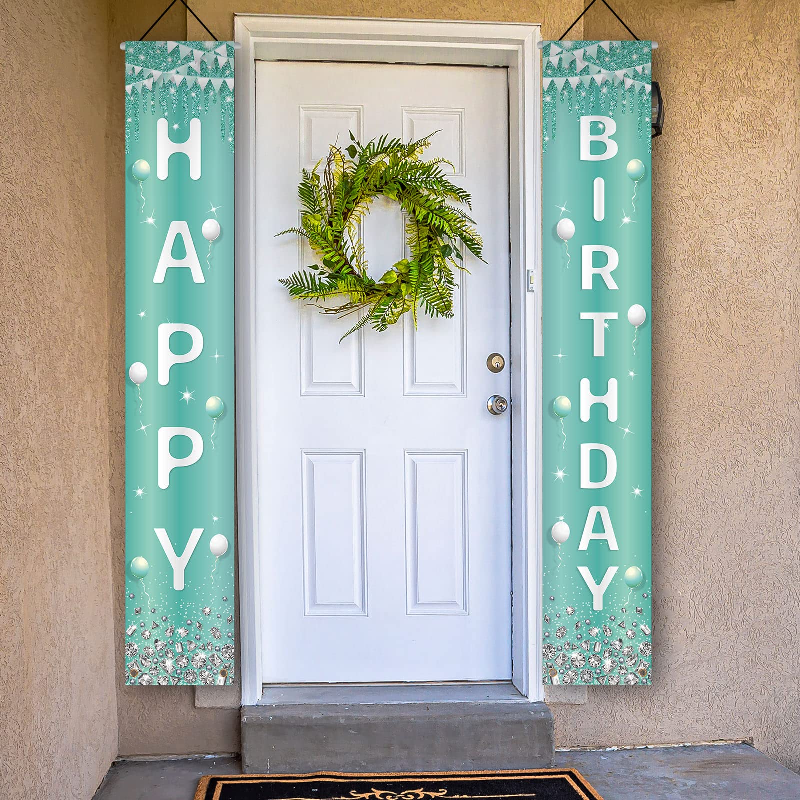 Teal Sliver Happy Birthday Door Banner Turquoise Rhinestone Happy Birthday Decorations Light Blue Sweet 16 Happy 15th 30th 50th Birthday Poster Decorations for Women Girls Boys Birthday Party Supplies