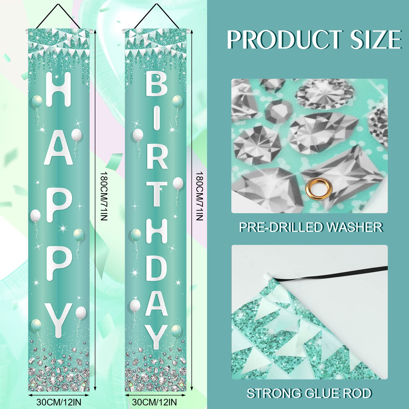 Teal Sliver Happy Birthday Door Banner Turquoise Rhinestone Happy Birthday Decorations Light Blue Sweet 16 Happy 15th 30th 50th Birthday Poster Decorations for Women Girls Boys Birthday Party Supplies